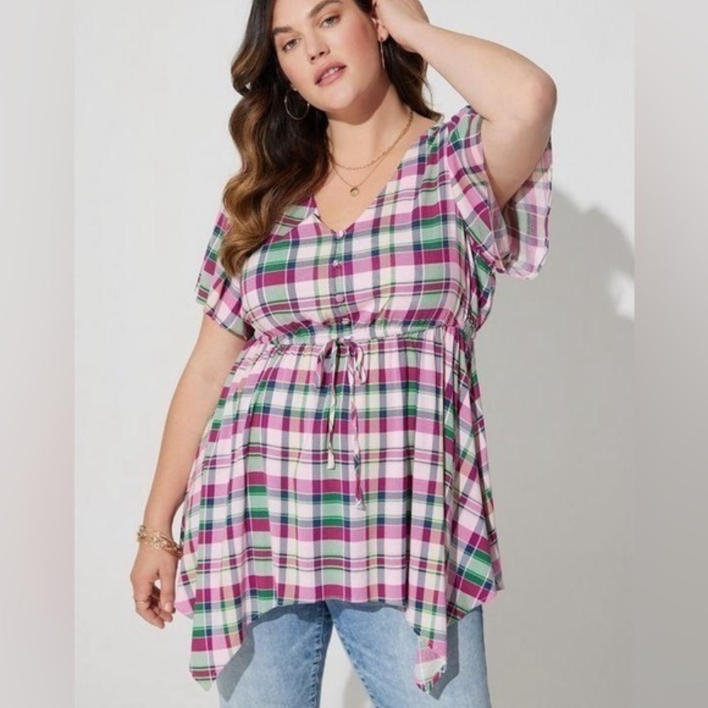 Torrid plaid crisscross back babydoll shark bite flutter sleeve top large